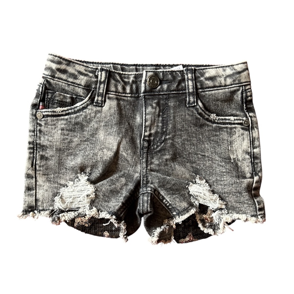 V Gold Girl’s Distressed Black Denim Shorts with Sequin Star Pockets